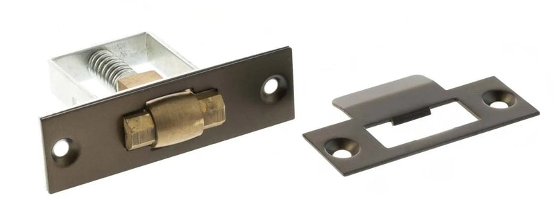 50881.1 - Adjustable Architectural Heavy Duty Roller Catch - 50mm x 33mm Body (76mm x 22mm Faceplate) - Dark Bronze (Lacquered) With Brass Wheel - Each