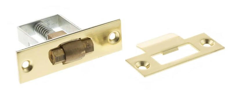 50882.1 - Adjustable Architectural Heavy Duty Roller Catch - 50mm x 33mm Body (76mm x 22mm Faceplate) - Polished Brass (Lacquered) With Brass Wheel - Each