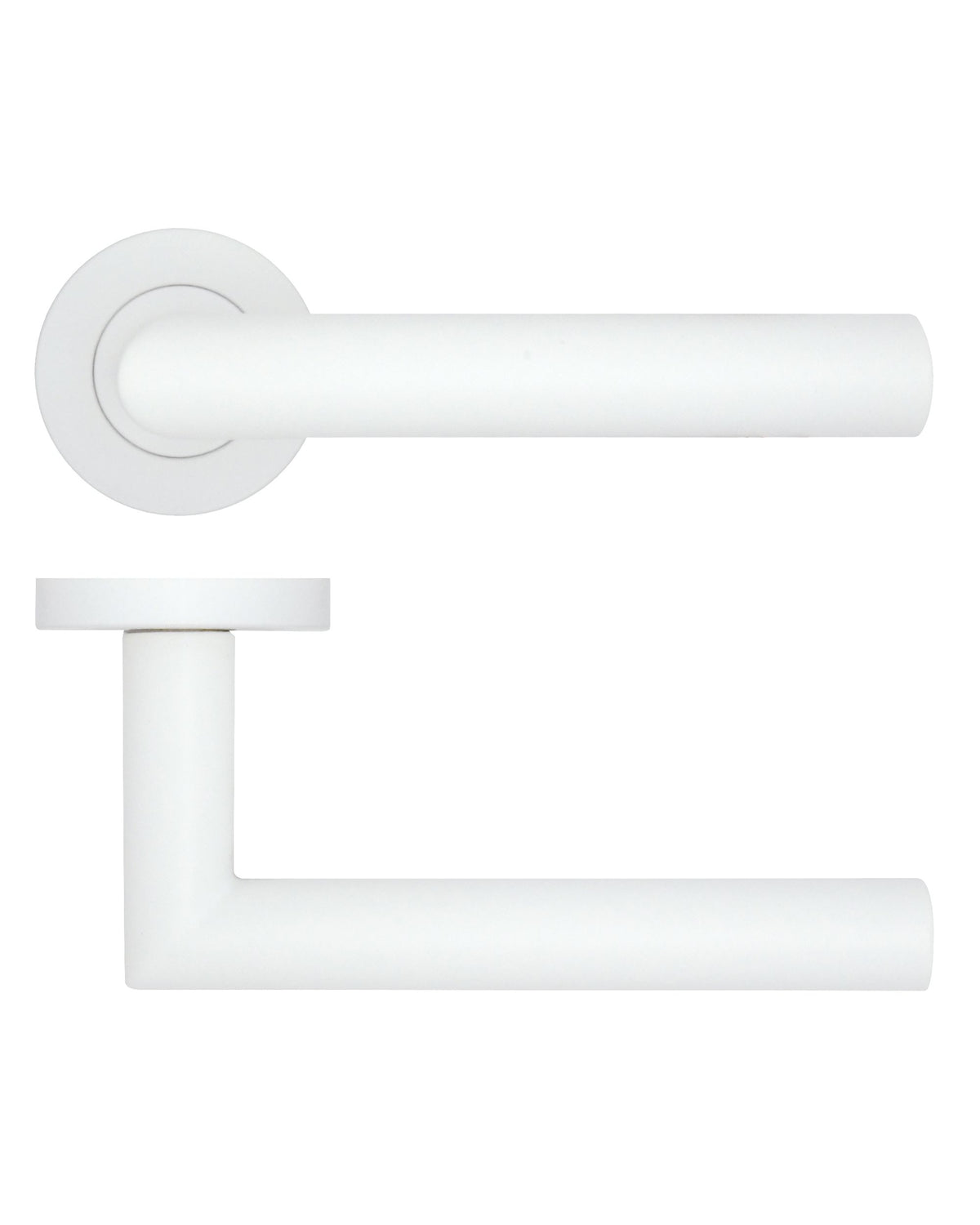 50892.1 - Lugano Straight Mitred Round Rose Lever Handles - Powder Coated White - Pair