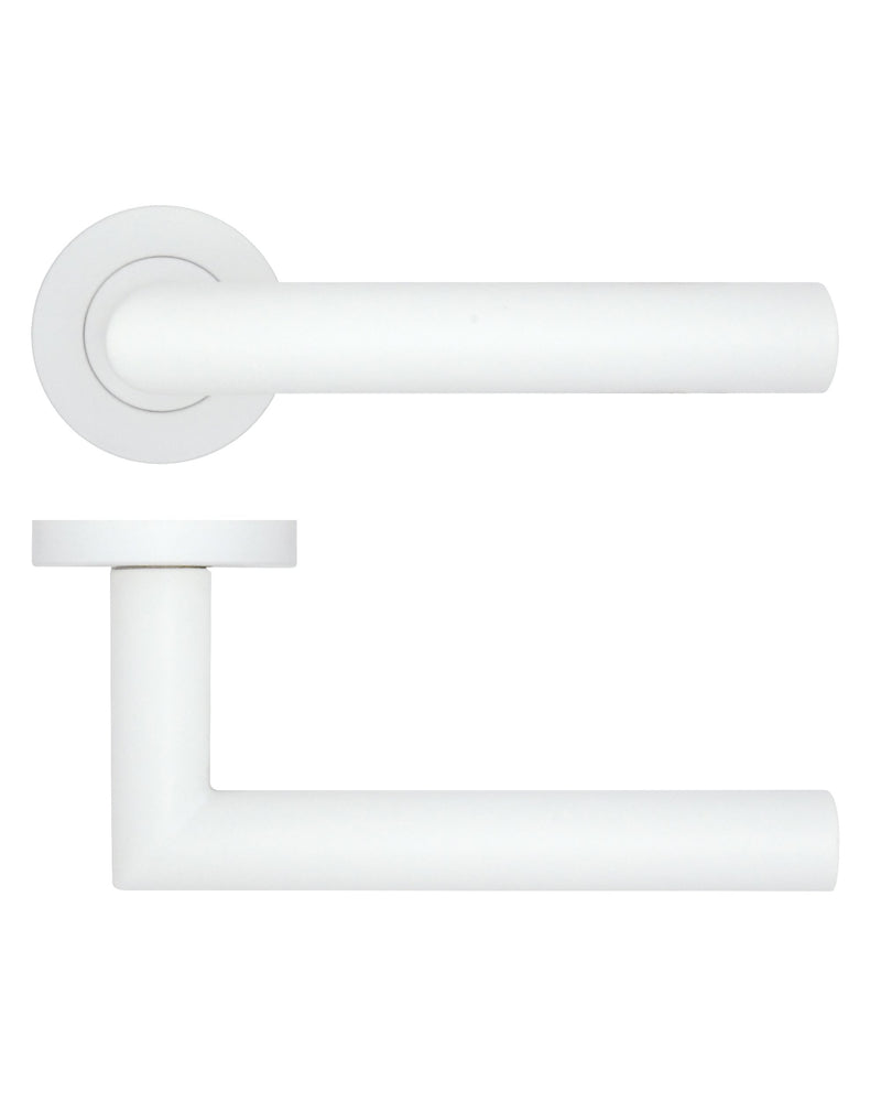 50892.1 - Lugano Straight Mitred Round Rose Lever Handles - Powder Coated White - Pair