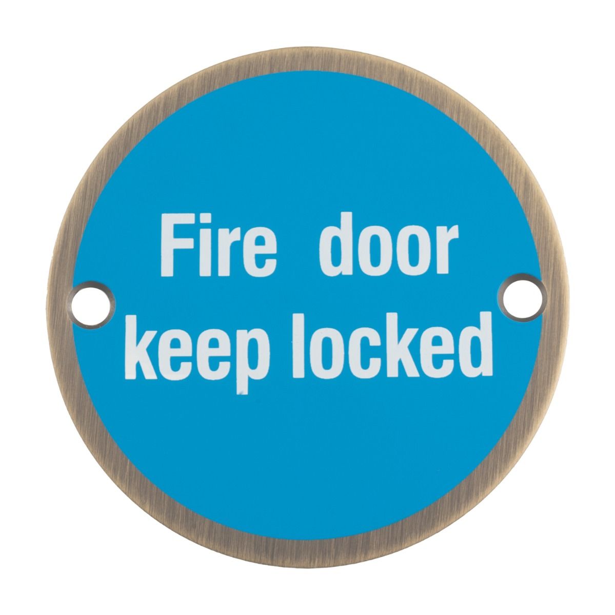 Fire Door Keep Locked Sign - 76mm Diameter - White Text - Drilled & CSK - Antique Brass With Blue Background