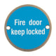 Fire Door Keep Locked Sign - 76mm Diameter - White Text - Drilled & CSK - Antique Brass With Blue Background