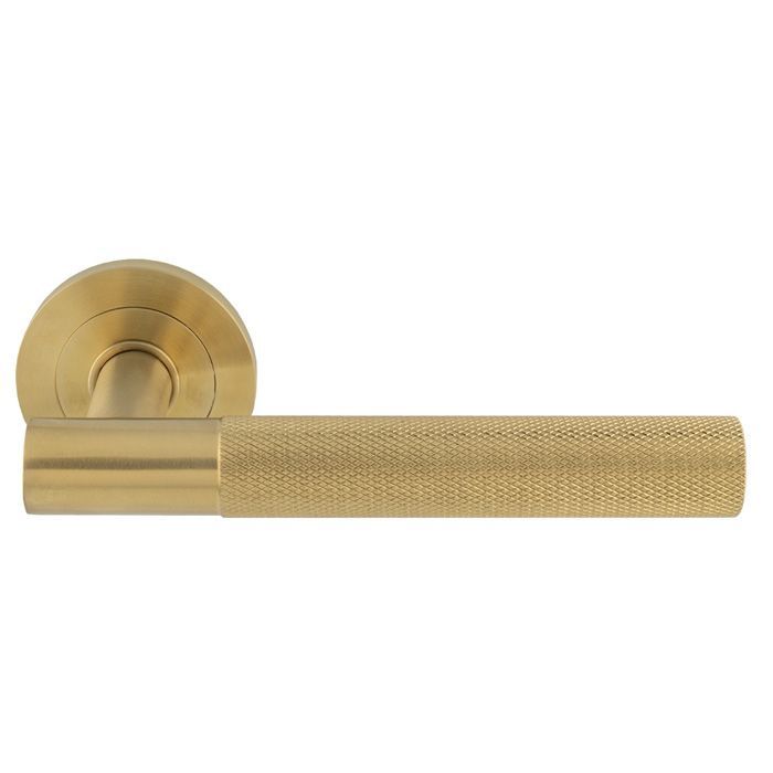 Galaxy Lever Door Handles On Round Rose - Suitable For Use On FD30 / FD60 Fire Doors - Satin Brass PVD