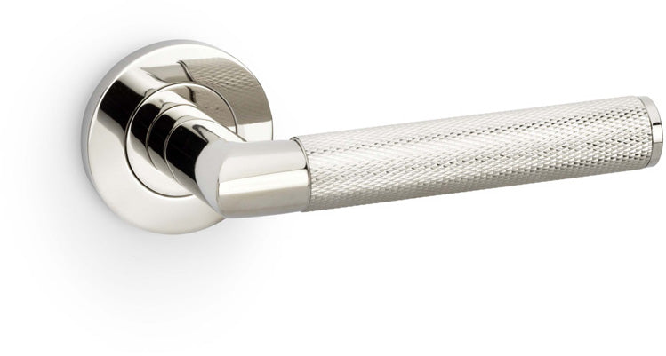 Harrier Knurled Lever Handle On Concealed Fix Low Profile Round Rose - Polished Nickel PVD