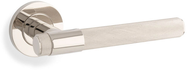 Kingstone Knurled Lever Handle On Concealed Fix Low Profile Round Rose - Polished Nickel PVD