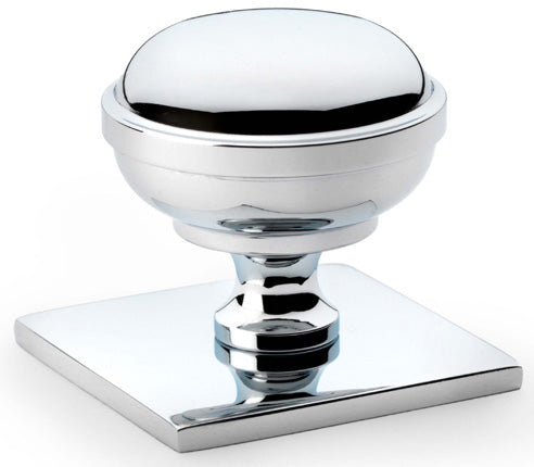 Quantock Cupboard Knob on Square Backplate - Available In Two Sizes - Polished Chrome