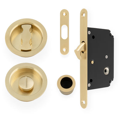 Flush Fitting Round Design Bathroom Turn And Release Set With Hook Lock For Sliding Doors PVD Satin Brass Plated