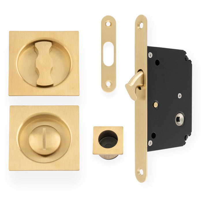 Flush Fitting Square Design Bathroom Turn And Release Set With Hook Lock For Sliding Doors PVD Satin Brass Plated