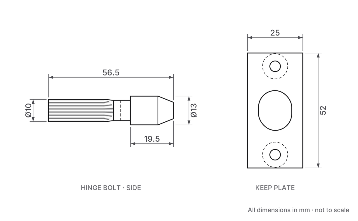 Security Hinge Bolts AHB1000 Dimensions - 56.5mm Bolt, 25mm x 52mm Keep Plate