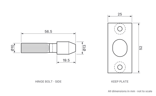Security Hinge Bolts AHB1000 Dimensions - 56.5mm Bolt, 25mm x 52mm Keep Plate