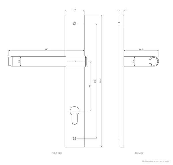 Kingston Plain Lever multipoint door handle dimensions – 244 x 36mm backplate (7mm thick), 92mm euro centres, 212mm bolt centres, 140mm lever, 64.5mm projection, Ø18mm lever