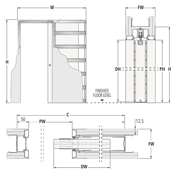 Eclisse Syntesis Single Pocket Door System - Frame and Door Dimensions Diagram