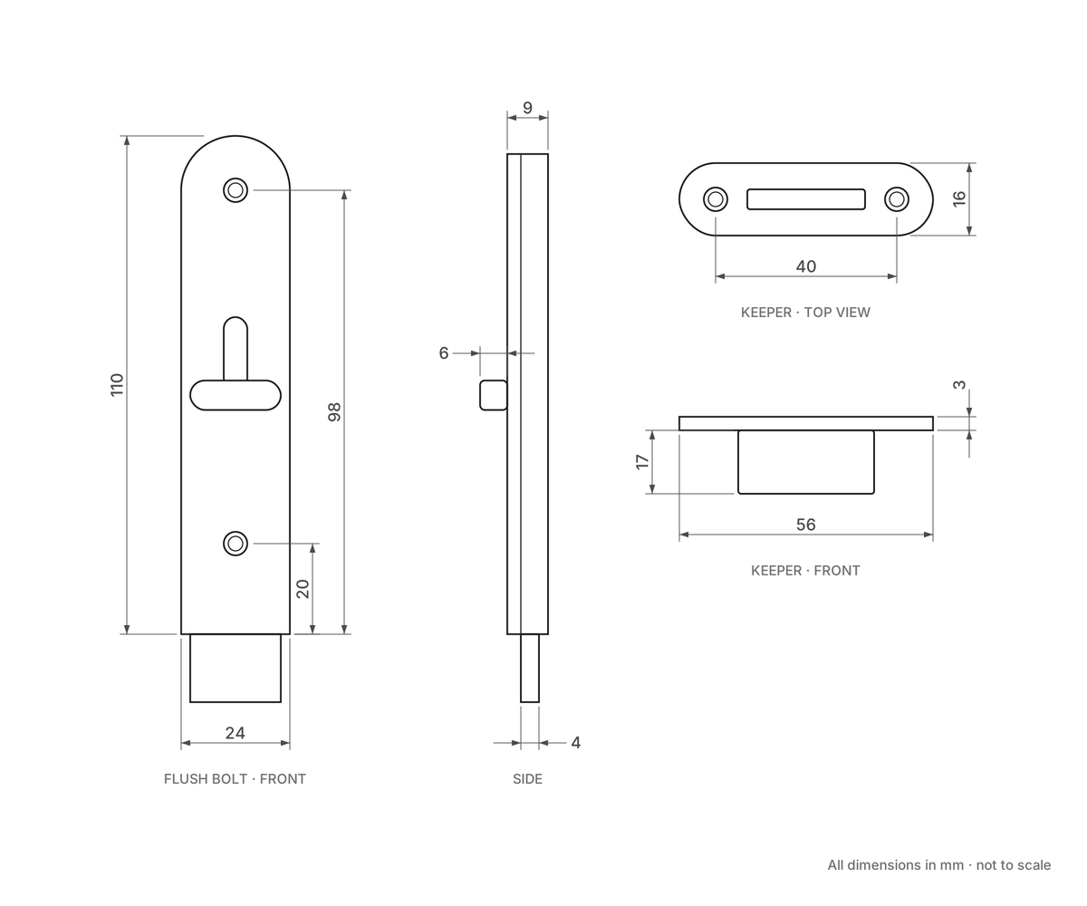 Flush Bolt To Suit Huskyfold 30 Kits - 110mm x 24mm - Satin Nickel - Dimensions