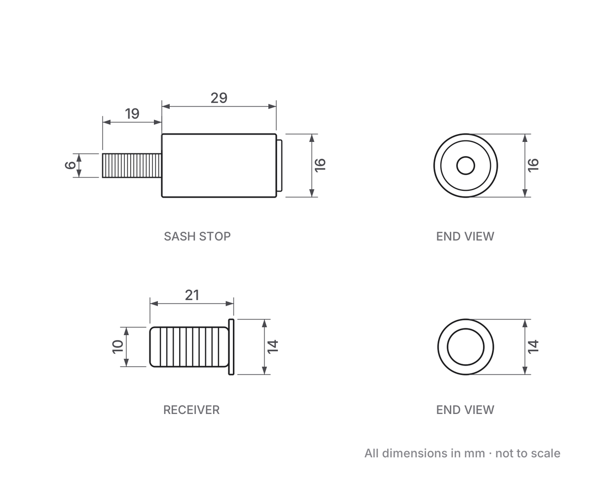 29mm Sash Stop dimensions diagram - sash stop and receiver