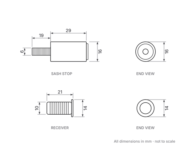 29mm Sash Stop dimensions diagram - sash stop and receiver
