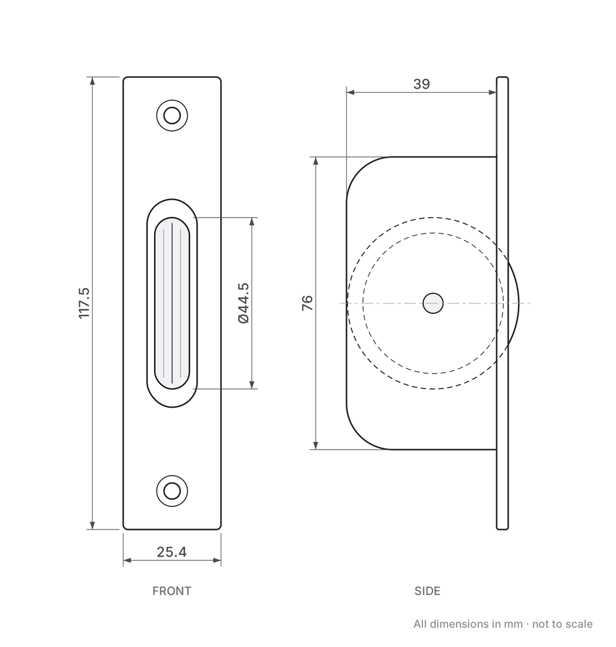 Ball bearing sash pulley dimensions - forend 117.5mm x 25.4mm, body 76mm high x 39mm deep, 44.5mm wheel