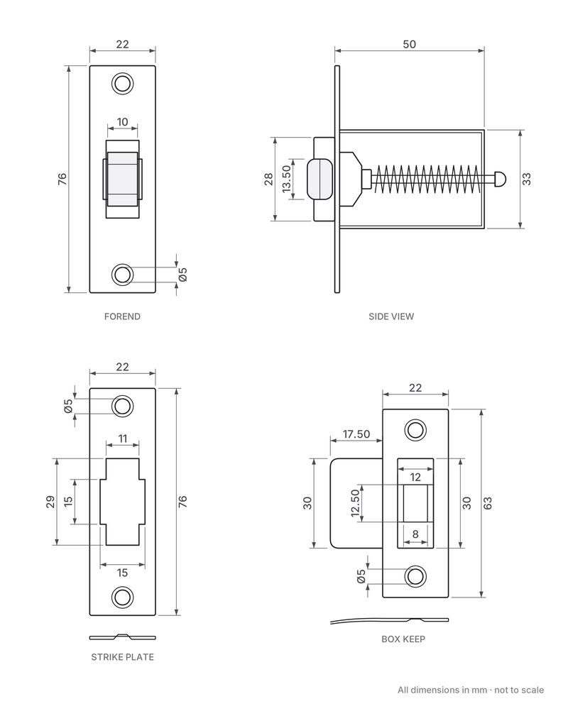 Adjustable Architectural Heavy Duty Roller Catch - dimensions diagram (50mm case depth, 33mm case height)