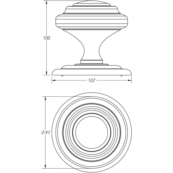 Extra Large Centre Door Knob dimensions - 97mm diameter knob, 107mm diameter backplate, 100mm projection
