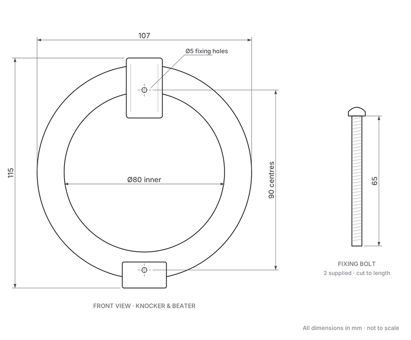 Ring Style Door Knocker 107mm Diameter - dimensions: 107mm outer, 80mm inner, 115mm overall height, 90mm fixing centres