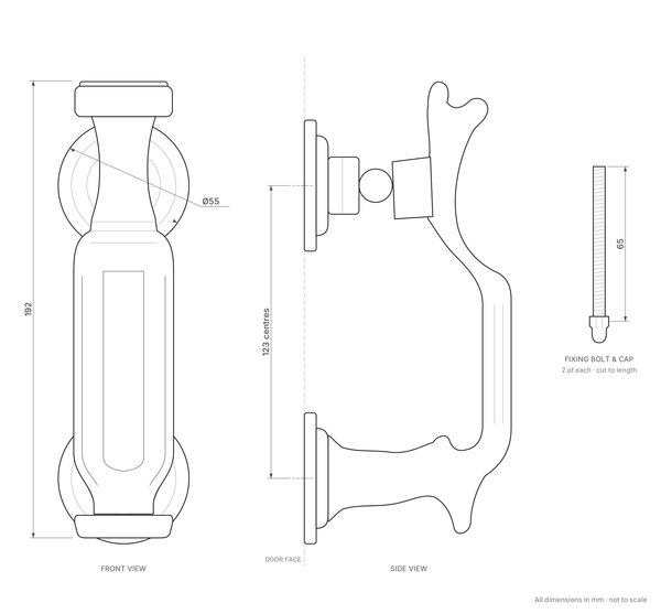 Traditional Doctors Door Knocker 192mm - dimensions: 192mm length, 55mm roses, 123mm fixing centres