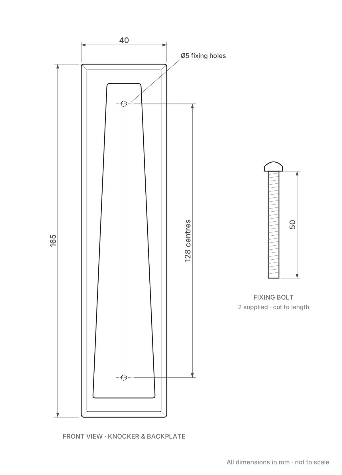 Slim Style Door Knocker 165mm x 40mm - dimensions: 165mm x 40mm backplate, 128mm fixing centres