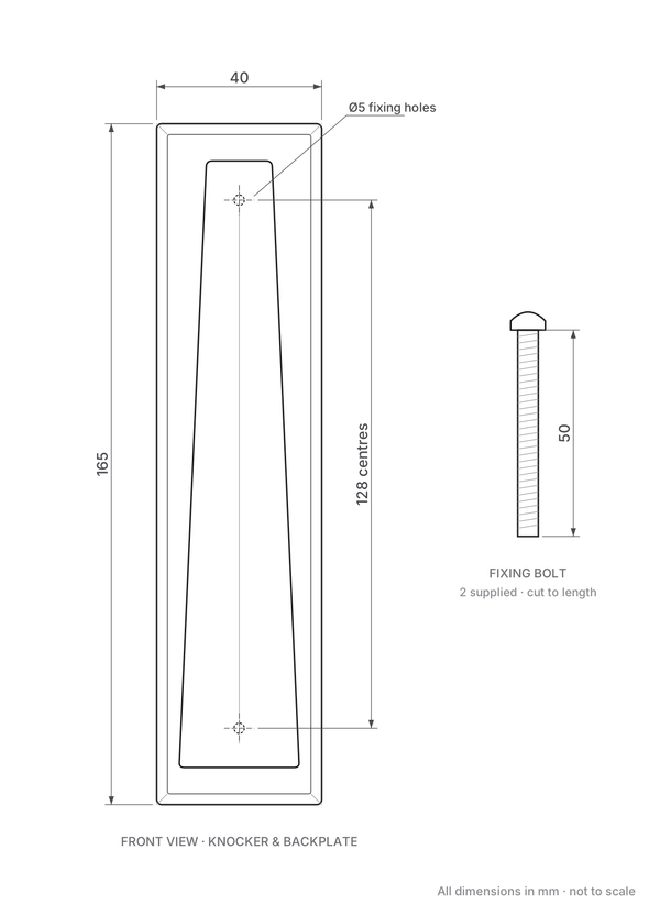 Slim Style Door Knocker 165mm x 40mm - dimensions: 165mm x 40mm backplate, 128mm fixing centres