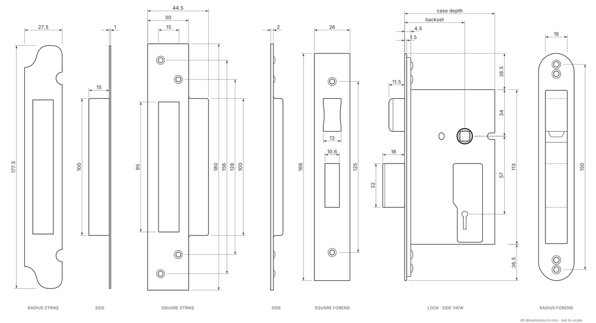 3 lever mortice sash lock technical drawing with dimensions in mm