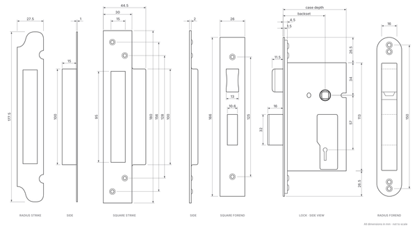 3 lever mortice sash lock technical drawing with dimensions in mm