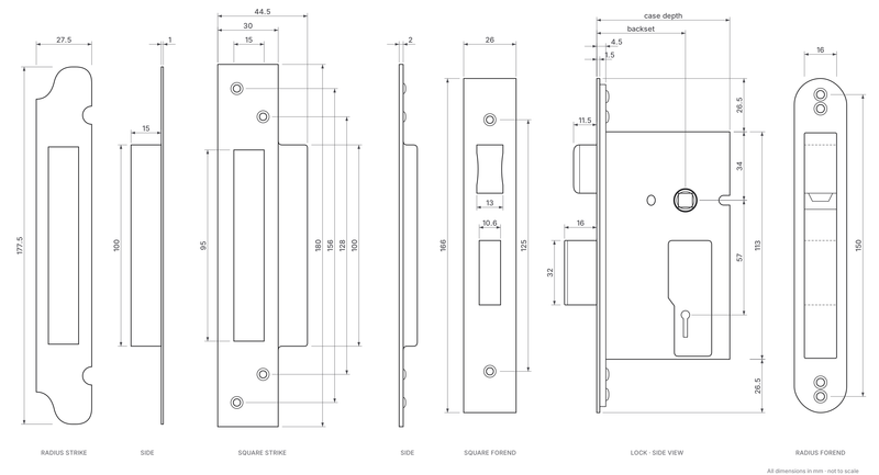3 lever mortice sash lock technical drawing with dimensions in mm