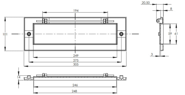 diagram and dimesions of 305mm x 102mm letter plate