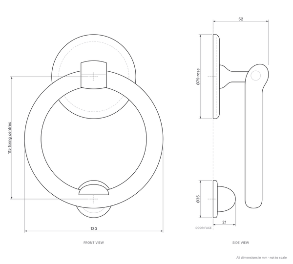 Large Style Ring Door Knocker - dimensions: 130mm ring, 79mm backplate, 35mm strike plate, 115mm fixing centres