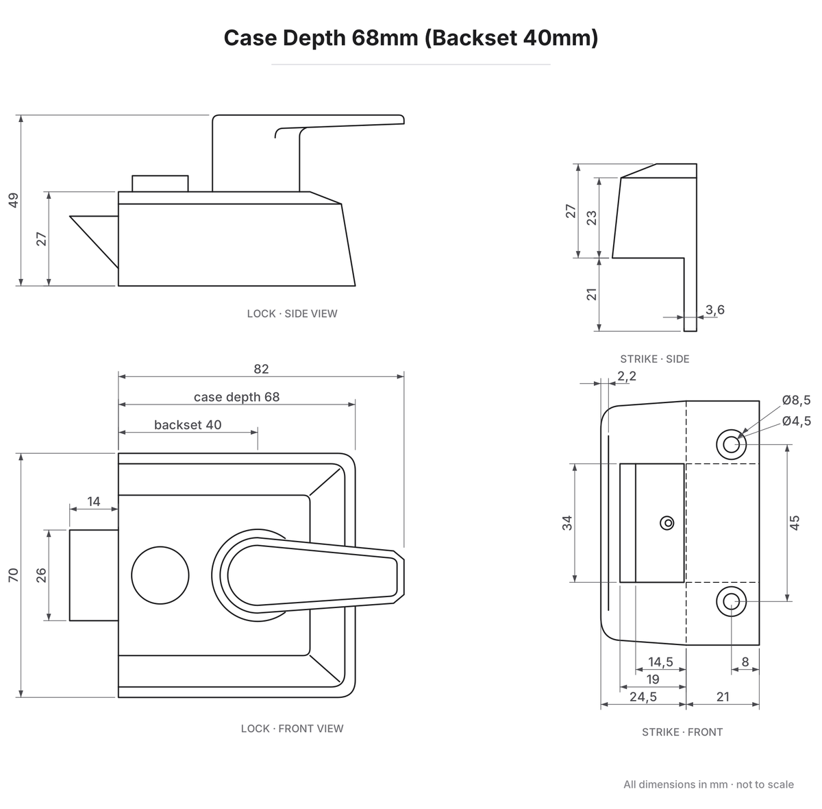 Surface Mounted Night Latch dimensions - Case Depth 68mm (Backset 40mm)