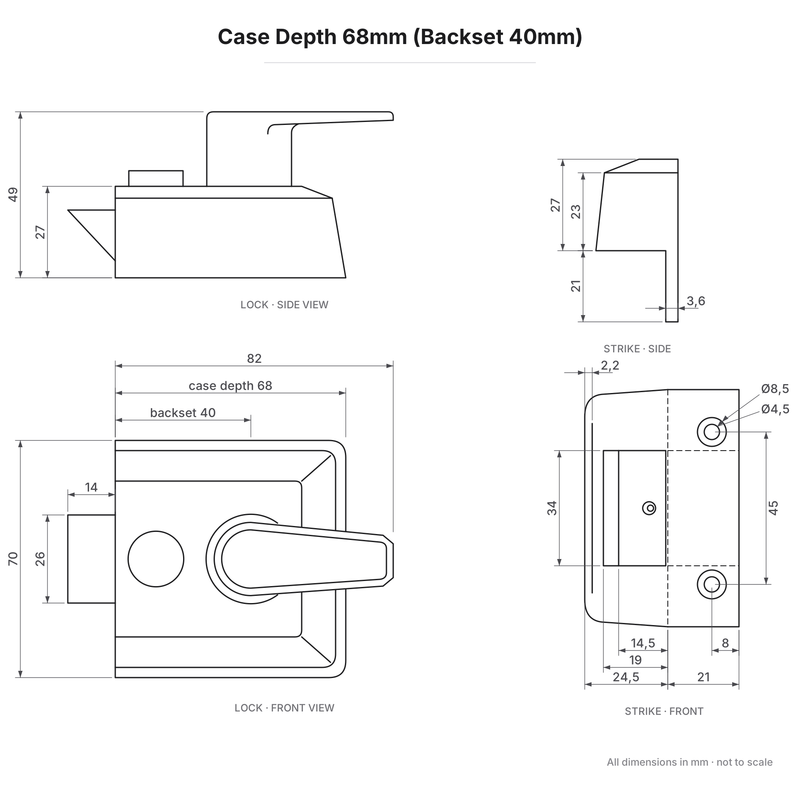Surface Mounted Night Latch dimensions - Case Depth 68mm (Backset 40mm)