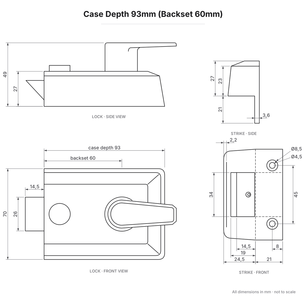 Surface Mounted Night Latch dimensions - Case Depth 93mm (Backset 60mm)
