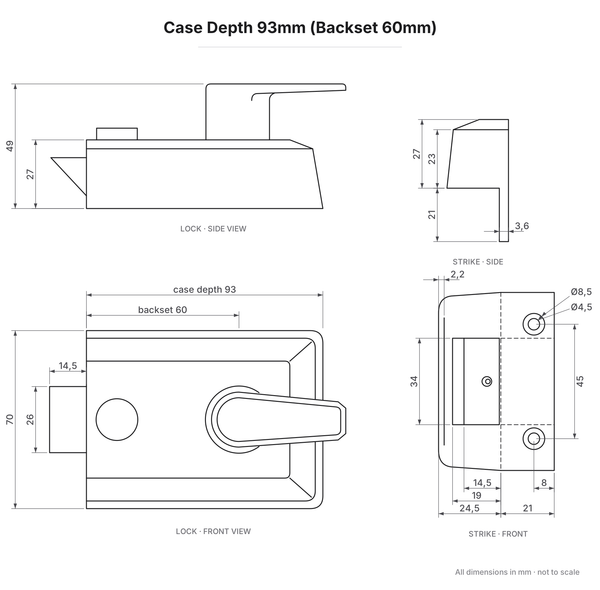 Surface Mounted Night Latch dimensions - Case Depth 93mm (Backset 60mm)