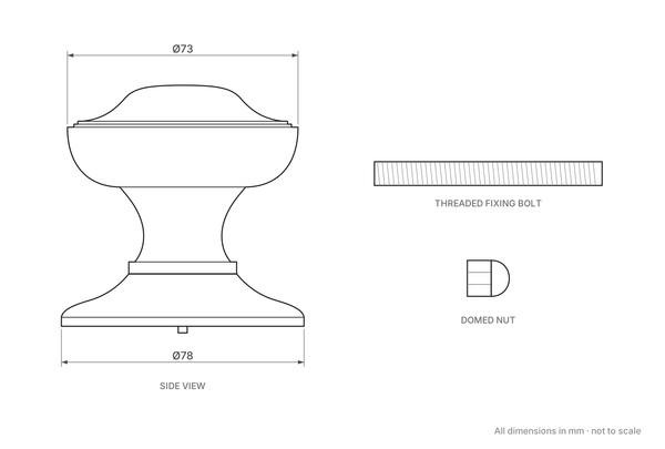 Princess Pattern Centre Door Knob dimensions - 73mm diameter knob, 78mm diameter backplate, threaded fixing bolt and domed nut