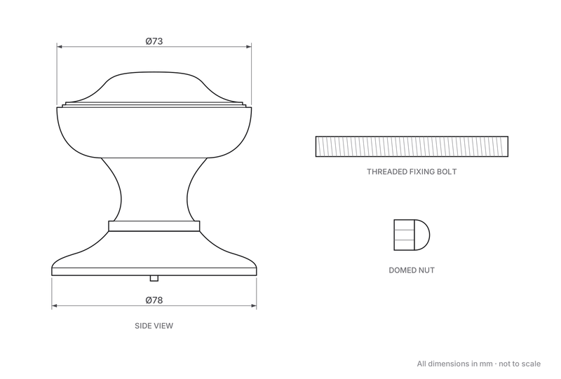Princess Pattern Centre Door Knob dimensions - 73mm diameter knob, 78mm diameter backplate, threaded fixing bolt and domed nut