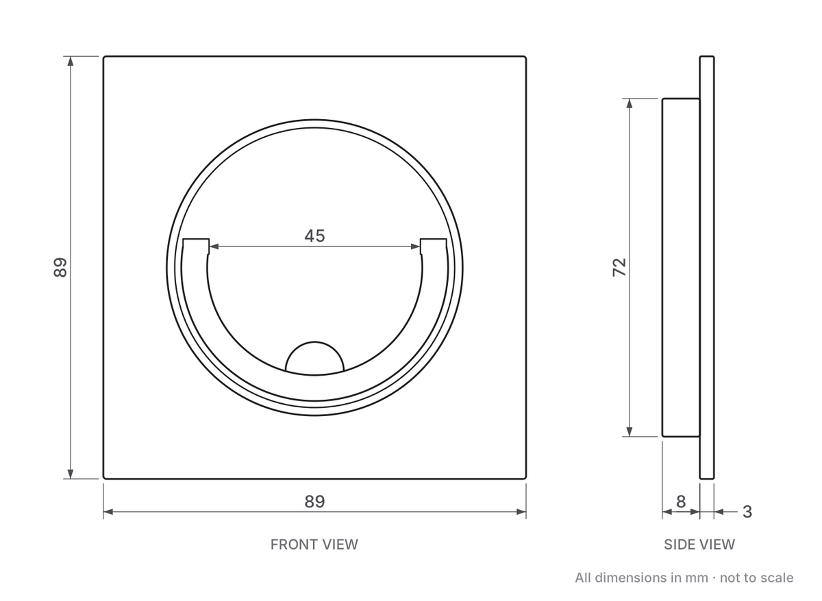 Flush fitting pull out ring handle (squash court handle) dimensions – 89 x 89mm plate, 45mm ring opening, 72mm body, 8mm depth, 3mm plate