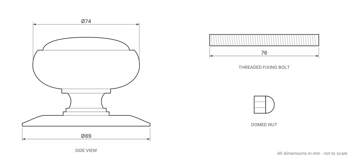 Traditional Tiered Design Centre Door Knob dimensions - 74mm diameter knob, 89mm diameter backplate, threaded fixing bolt and domed nut