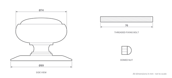 Traditional Tiered Design Centre Door Knob dimensions - 74mm diameter knob, 89mm diameter backplate, threaded fixing bolt and domed nut