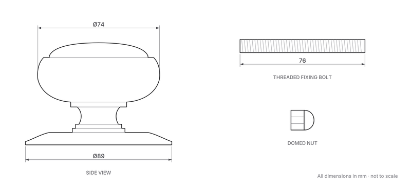 Traditional Tiered Design Centre Door Knob dimensions - 74mm diameter knob, 89mm diameter backplate, threaded fixing bolt and domed nut