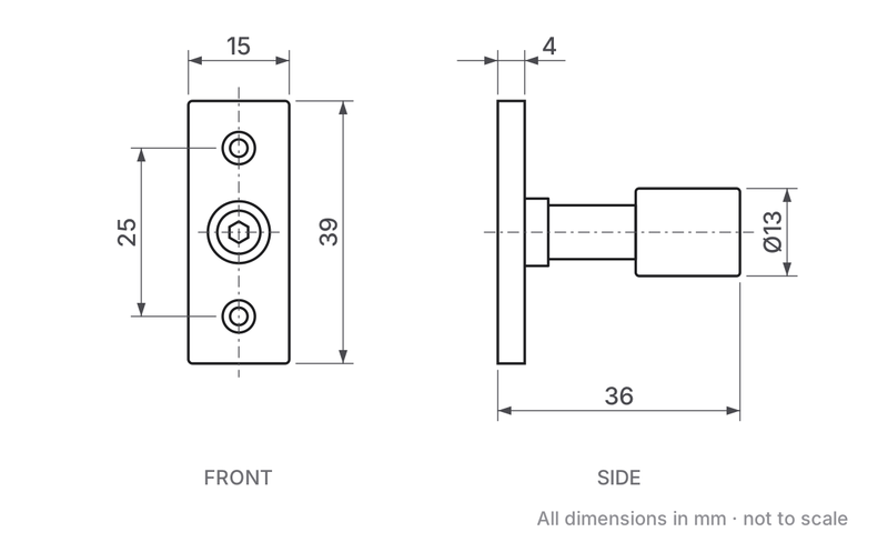 Locking Stay Pin dimensions: 15 x 39 mm plate, 25 mm fixing centres, 36 mm projection, 13 mm diameter head