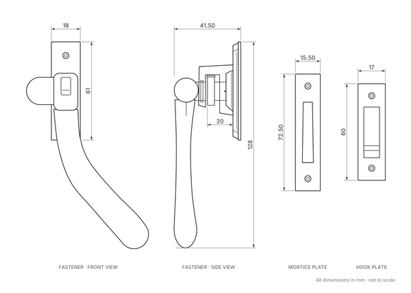 Bulb End Ball Casement Fastener - Dimensions Diagram - 128mm overall height, 18 x 61mm backplate, 41.5mm projection, 15.5 x 72.5mm mortice plate, 17 x 60mm hook plate