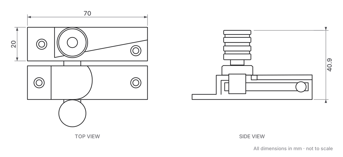 Straight Arm Looking Sliding Sash Window Fastener dimensions - 70mm x 20mm, 40.9mm high