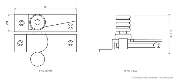 Straight Arm Looking Sliding Sash Window Fastener dimensions - 70mm x 20mm, 40.9mm high
