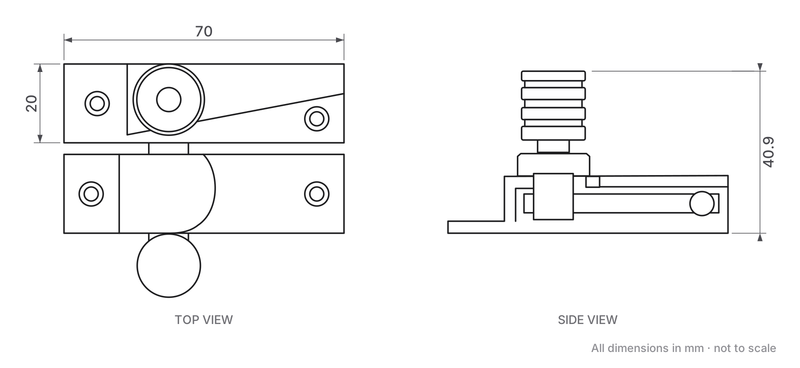 Straight Arm Looking Sliding Sash Window Fastener dimensions - 70mm x 20mm, 40.9mm high