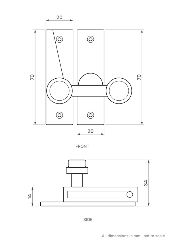 V1106 hook plate sash fastener dimensions - two 20mm x 70mm plates, 14mm body height, 34mm overall height