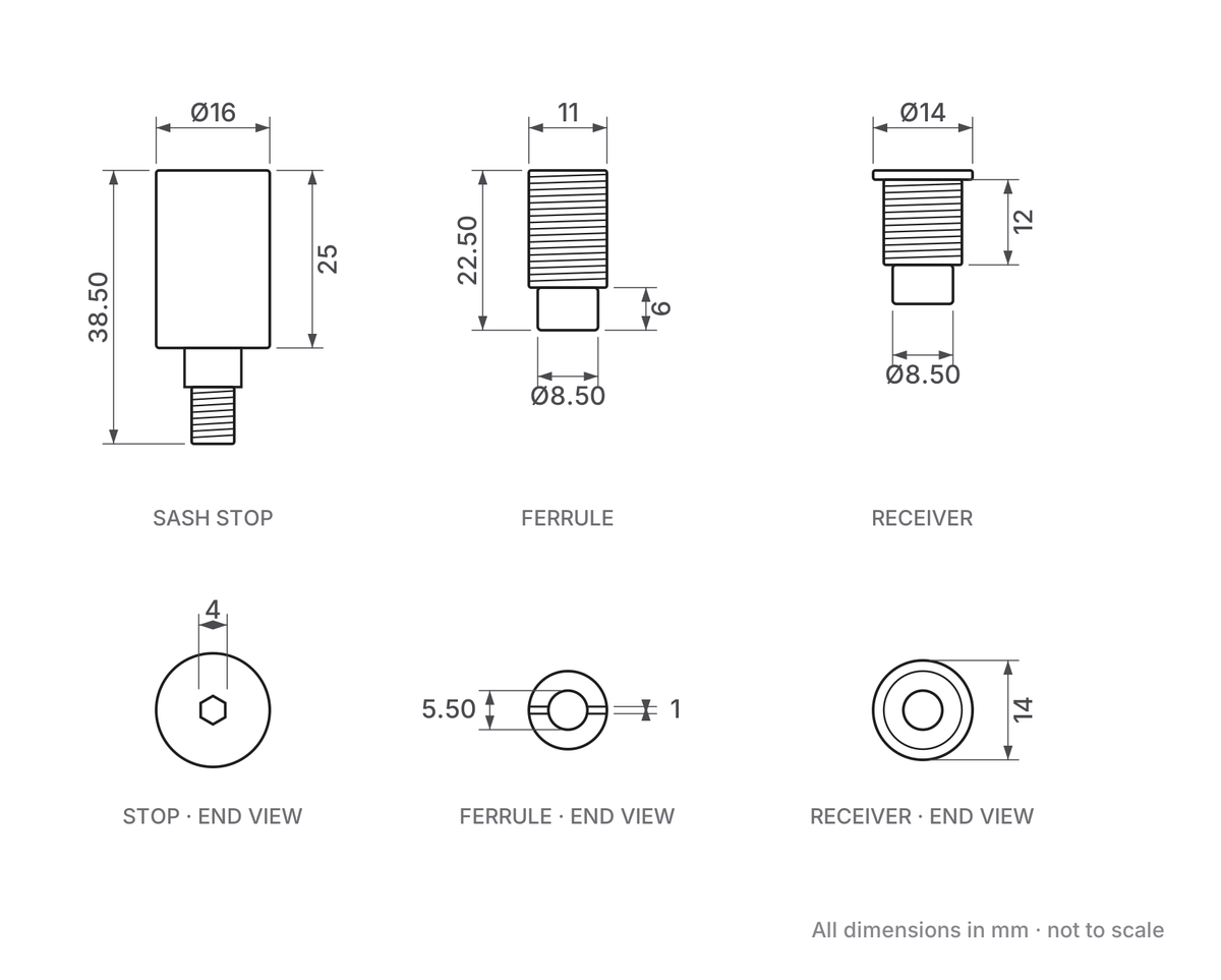 Sash stop dimensions diagram - stop, ferrule and lipped receiver
