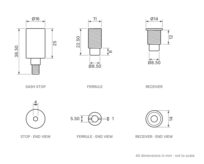 Sash stop dimensions diagram - stop, ferrule and lipped receiver