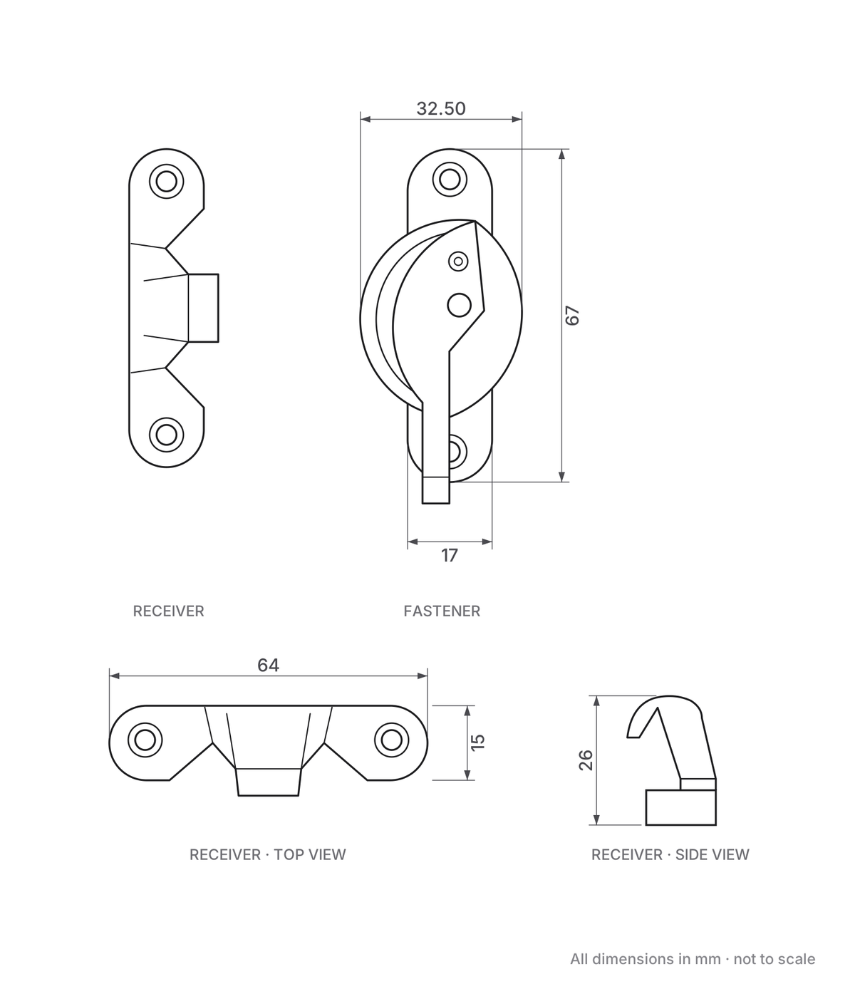 Fitch Pattern Sash Fastener dimensions diagram - 67mm x 17mm backplate, 64mm x 15mm receiver plate